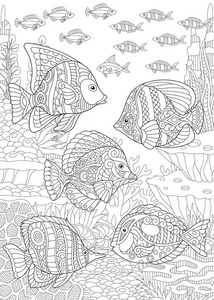 着色页。着色书。着色图片与热带鱼。抗应力手绘素描与涂鸦和 zentangle 元素