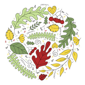 Handdrawn 在白色背景上带有叶子的矢量插图。秋季理念