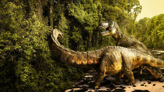 恐龙, 暴龙与迷惑龙在森林里照片