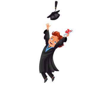2018年级祝贺彩色平面海报与快乐开朗毕业礼服和帽子矢量插图。微笑的男孩拿着文凭在手和显示拇指标志。毕业日概念