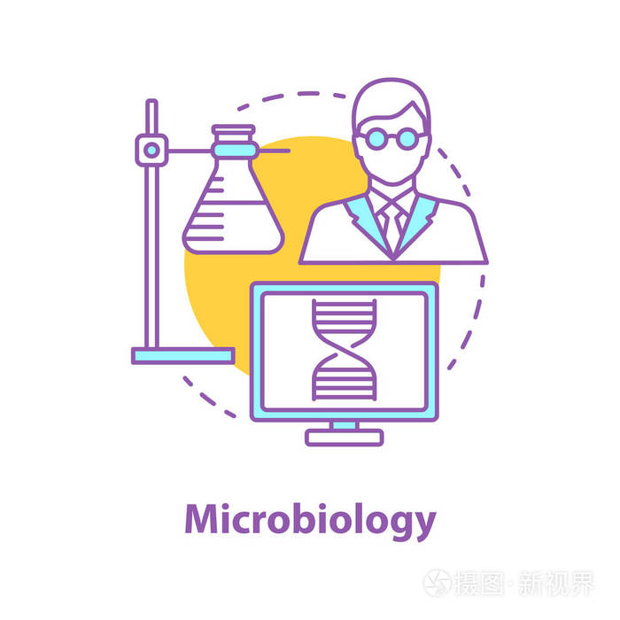 微生物的研究.环站与烧瓶, 微生物学家, 实验室计算机.矢量隔离轮廓图