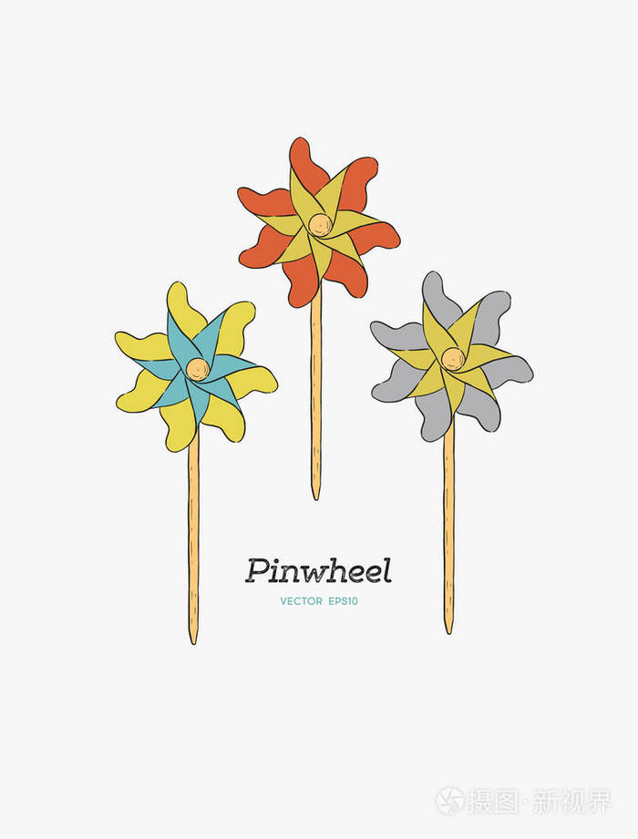 插画 风车, 纸风车.儿时的玩具.手绘素描矢量.eps
