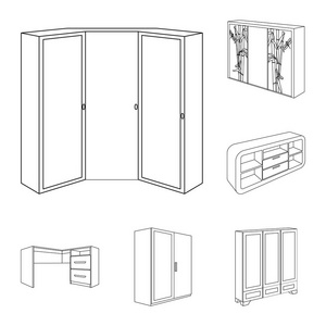 卧室家具轮廓图标集集合中的设计。现代木制家具等距矢量符号图
