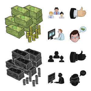 视频会议, 商业思想, 一个好的徽章. Bizneskonferentsiya 和谈判集合图标在卡通, 黑色风格矢量符号股票插画