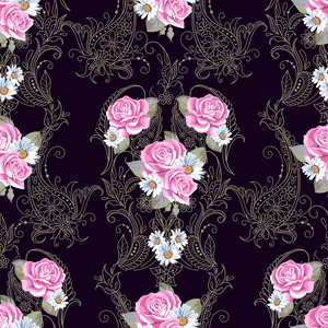 与佩斯利和玫瑰在维多利亚风格的无缝模式