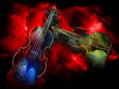 乐器,旋律,声音,表演艺术和创造力的主题隐喻的两个小提琴与抽象色彩