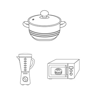 厨房设备大纲图标在集合中进行设计。厨房和配件矢量符号股票 web 插图