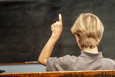 公共小学教育理念与小男孩在课堂上举手