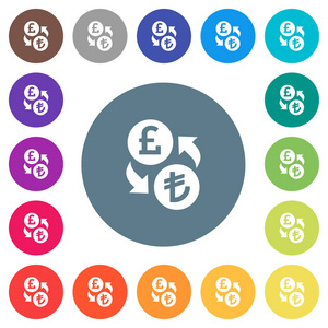 庞德货币交换平的白色图标在圆颜色背景。17背景颜色变化包括