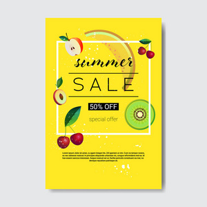 夏季销售新鲜水果刻字徽章设计标签季节购物徽标模板邀请贺卡打印和海报垂直