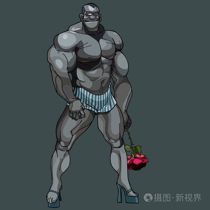 卡通男子健美运动员站在脚跟与玫瑰在他的手