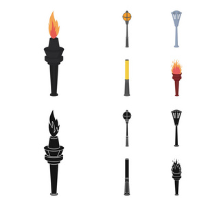 路灯在复古风格, 现代灯笼, 火炬和其他类型的路灯。灯柱集合图标在卡通, 黑色风格矢量符号股票插画网站