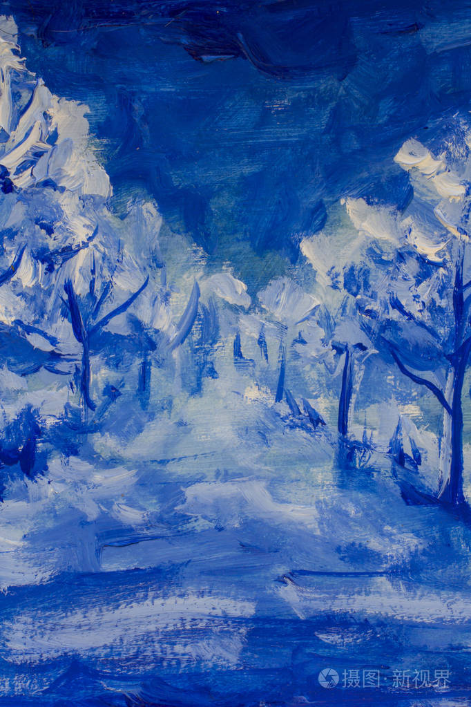 蓝色和白色风景绘画.夜公园树自然, 抽象路在蓝色森林木头例证图稿