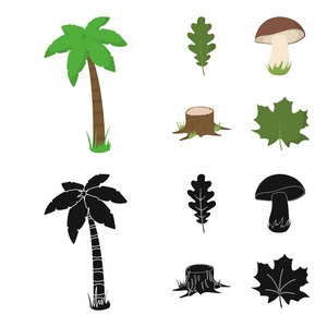 橡树叶, 蘑菇, 树桩, 枫叶。森林集合图标在卡通, 黑色风格矢量符号股票插画网站
