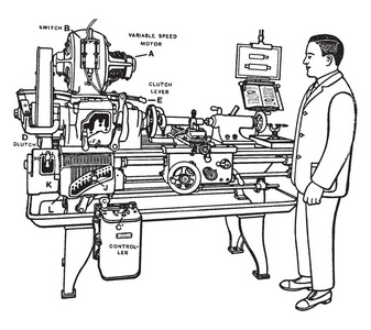 这个插图代表电动车床, 一个在一个机动的发动机车床, 老式线图或雕刻插图