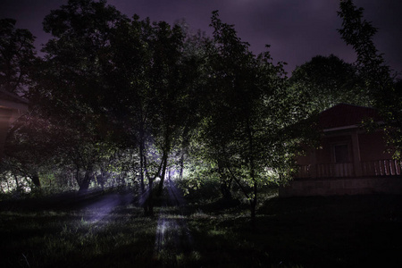 晚上在森林里建筑的山夜风景与月亮或老式乡下房子在晚上与云彩和星。夏日之夜。照片拍摄与长期曝光