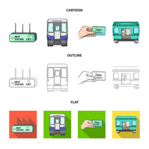 交通公共火车等网络图标的卡通轮廓平面风格。集集合中的设备属性机制图标