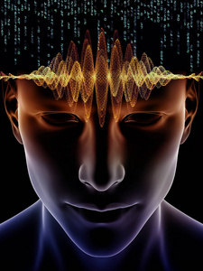 心波系列。3d 人类头部和技术符号在意识大脑智力和人工智能主题上的背景图