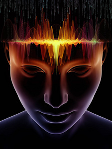 心波系列。3d 人类头部和技术符号在意识大脑智力和人工智能主题上的背景图