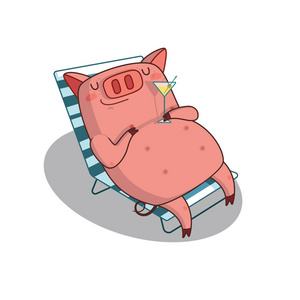 可爱的猪放松在海滩上