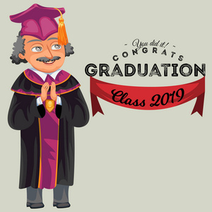 恭喜毕业班2019彩色胖海报。白种教授祝贺毕业生矢量插画