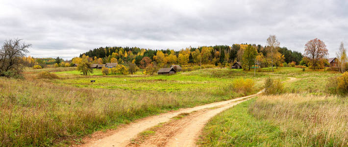 全景。秋季景观带路, 村, 牧场, 山和美丽的彩色树木。白俄罗斯村庄