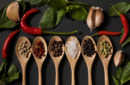 不同种类胡椒和盐与大蒜和罗勒叶子在木勺在黑石板背景下