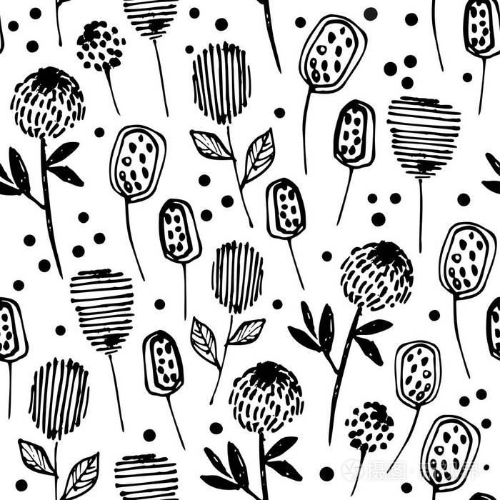 无缝的花卉秋季图案与三叶草.简单的植物模式.织物和纺织线条艺术.