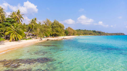 美丽的海滩和海与椰子棕榈树在天堂岛上的蓝天鸟瞰