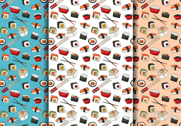 寿司卷无缝图案套装.亚洲餐饮餐厅菜单重复背景概念.矢量插图