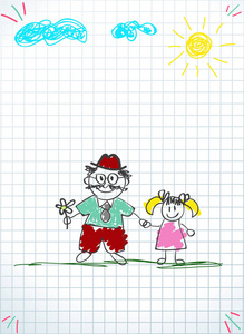 儿童彩色铅笔手绘的祖父和孙女一起手和花在正方形笔记本电脑背景与太阳和云彩的手和鲜花。儿童涂鸦图纸