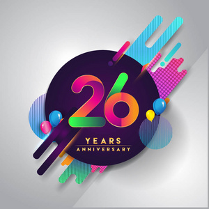 26周年纪念标志以多彩的抽象背景, 载体设计模板元素为邀请卡片和海报您的生日庆祝