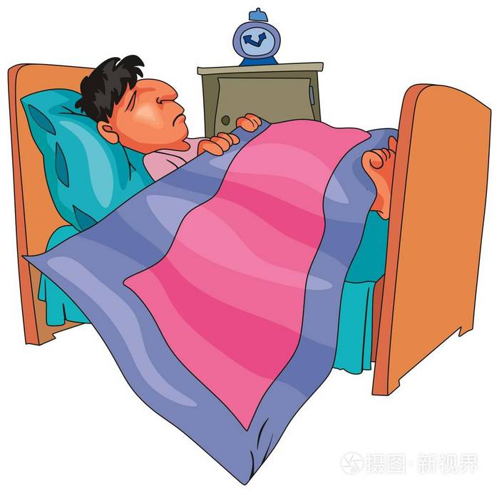 男孩或男子睡在他的床上深夜与枕头毯子和闹钟卡通特征一个独特的漫画