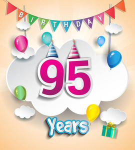 95年生日贺卡和海报设计, 带礼品盒, 气球。周年庆典设计模板