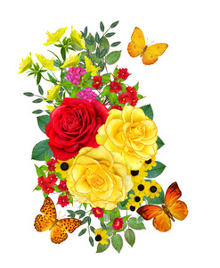 花组成。一束黄色, 红色, 深红色的玫瑰, 明亮的小花, 绿叶, 美丽的橙色蝴蝶。在白色背景上被隔离