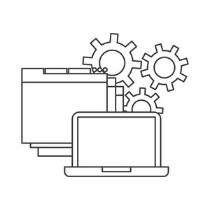 笔记本电脑和齿轮图标。 博客概念。 矢量图形