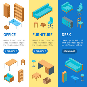 办公家具3d 横幅 Vecrtical 设置等距视图。向量