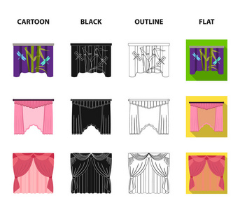 刺绣, 纺织, 家具等网络图标卡通, 黑色, 轮廓, 平面风格。窗帘, 棍子, 飞檐, 集合中的图标