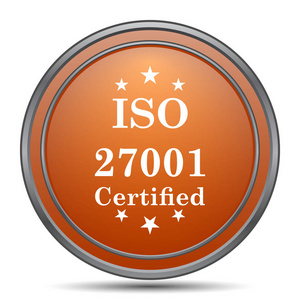 Iso 27001 图标。橙色互联网按钮在白色背景