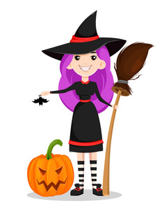 万圣节快乐。可爱的年轻女巫与紫色的头发持有蝙蝠和扫帚, 站在可怕的南瓜附近。白色背景上的矢量插图