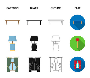 一张茶几, 一盏台灯, 一张窗帘, 一把椅子。家具集合图标在卡通, 黑色, 轮廓, 平面风格矢量符号股票插画网站