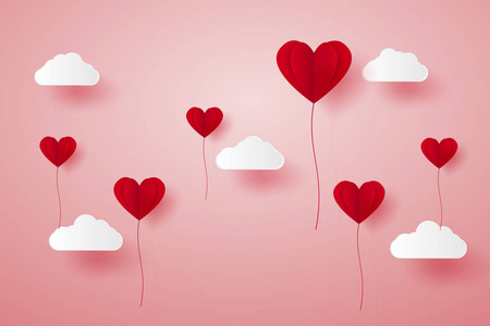 情人节, 爱情插画, 红心气球飞上天, 纸艺风格