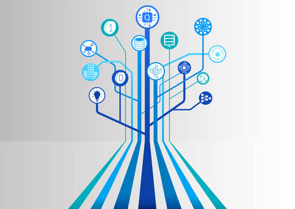 具有图标和树结构分支的量子计算矢量图