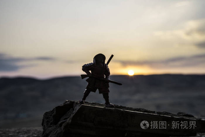 武士在山顶上的黑暗色调的雾背景.选择性聚焦