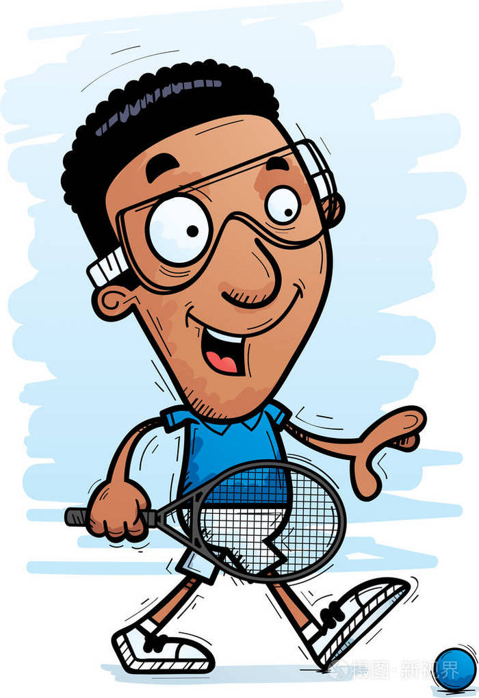 一个黑人男子壁球球员步行的卡通插图