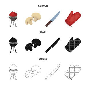 烧烤烧烤, champignons, 刀, 烧烤手套。烧烤集图标卡通, 黑色, 轮廓风格矢量符号股票插图, 网页