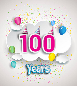 100周年庆典设计, 有云和气球, 五彩纸屑。矢量模板元素为您的, 六十八年生日庆祝党