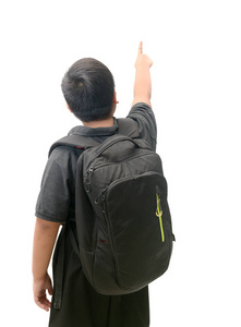背面的亚洲学生书包指着手指孤立在白色背景上, 回到学校概念