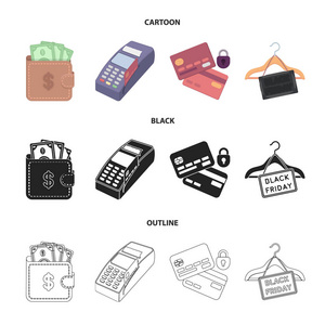 钱包, 钱, 触摸, 衣架等设备。电子商务集合图标在卡通, 黑色, 轮廓风格矢量符号股票插画网站