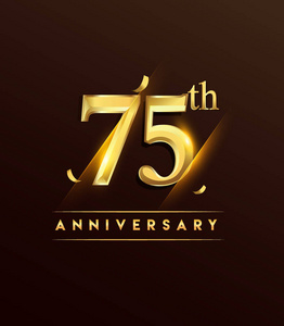 75周年纪念发光的标识与五彩纸屑金色的黑色背景, 贺卡和邀请卡的矢量设计